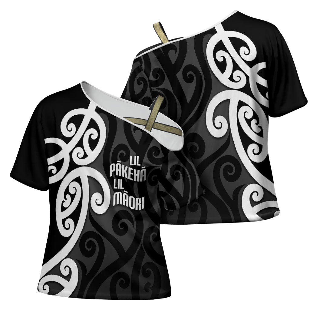 Lil Pakeha Lil Maori New Zealand Cross Shoulder Shirt Kiwi Proud Mangopare Pattern LT14 - Polynesian Pride