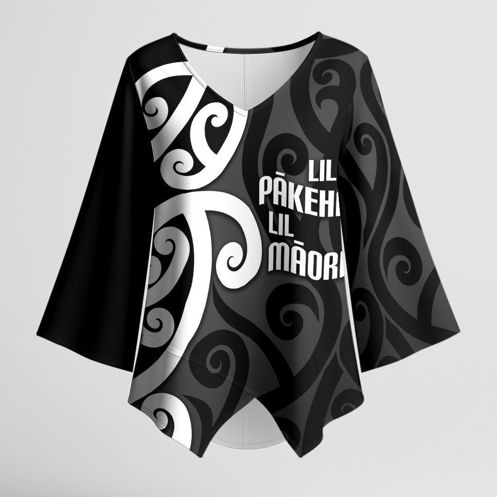 Lil Pakeha Lil Maori New Zealand Kimono Sleeve Blouse Kiwi Proud Mangopare Pattern LT14 Female Black - Polynesian Pride