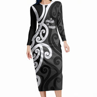Lil Pakeha Lil Maori New Zealand Long Sleeve Bodycon Dress Kiwi Proud Mangopare Pattern LT14 Long Dress Black - Polynesian Pride