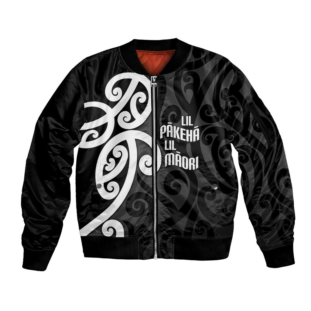 Lil Pakeha Lil Maori New Zealand Sleeve Zip Bomber Jacket Kiwi Proud Mangopare Pattern LT14 Unisex Black - Polynesian Pride