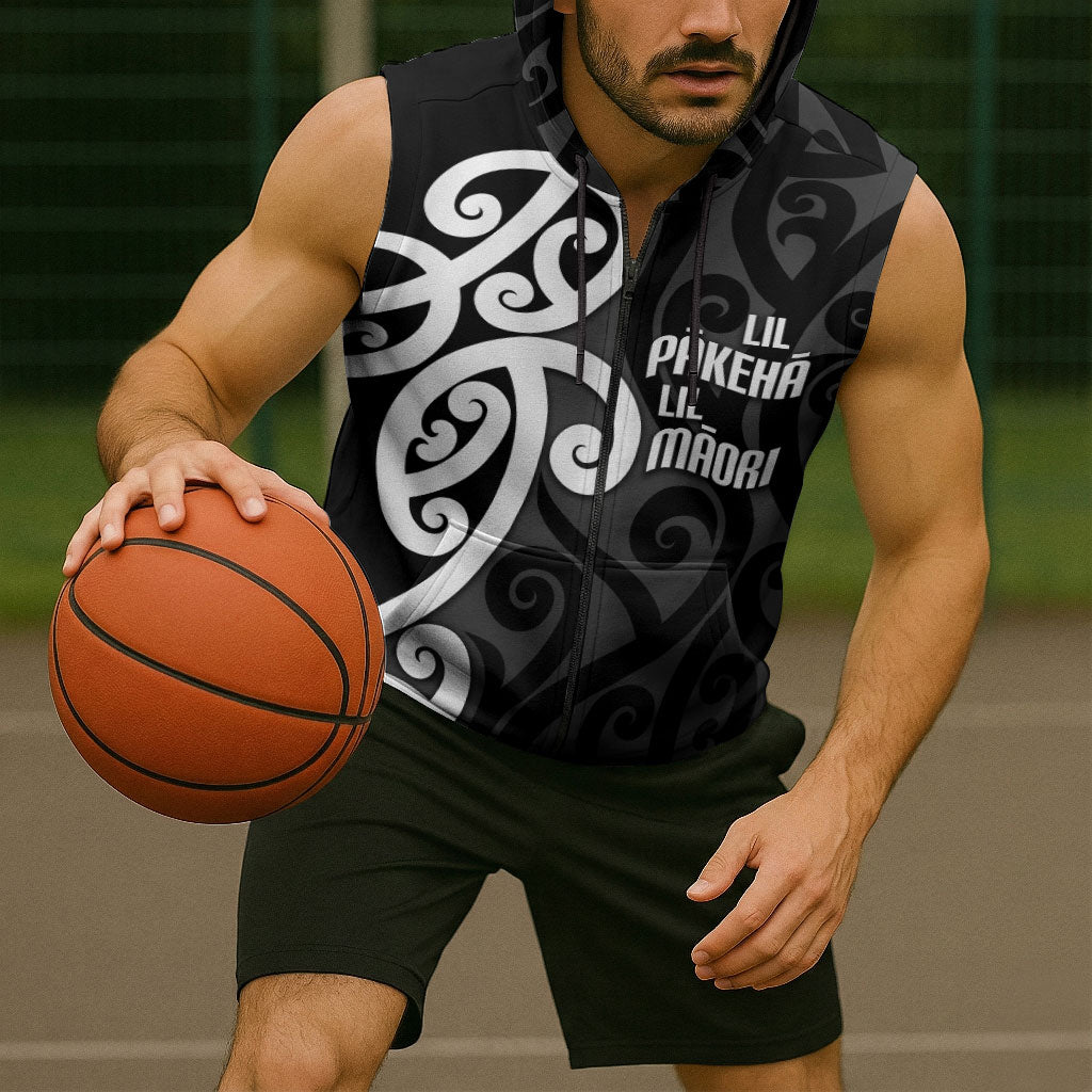 Lil Pakeha Lil Maori New Zealand Sleeveless Zip Hoodie Kiwi Proud Mangopare Pattern LT14 - Polynesian Pride