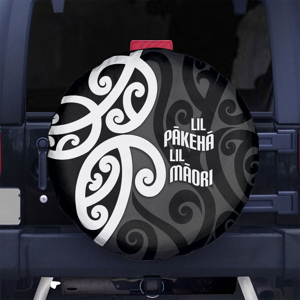 Lil Pakeha Lil Maori New Zealand Spare Tire Cover Kiwi Proud Mangopare Pattern LT14 No hole Black - Polynesian Pride