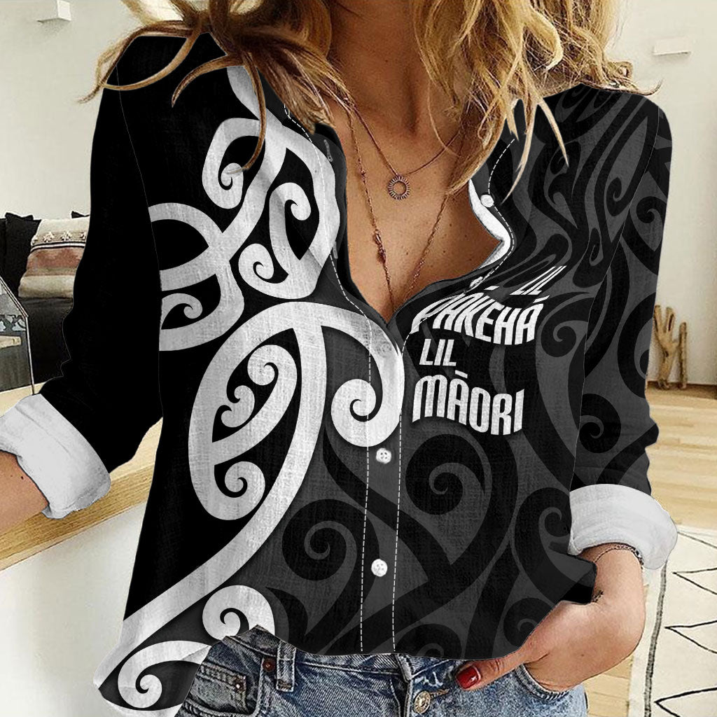 Lil Pakeha Lil Maori New Zealand Women Casual Shirt Kiwi Proud Mangopare Pattern LT14 Female Black - Polynesian Pride