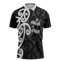 Lil Pakeha Lil Maori New Zealand Zipper Polo Shirt Kiwi Proud Mangopare Pattern LT14 Black - Polynesian Pride