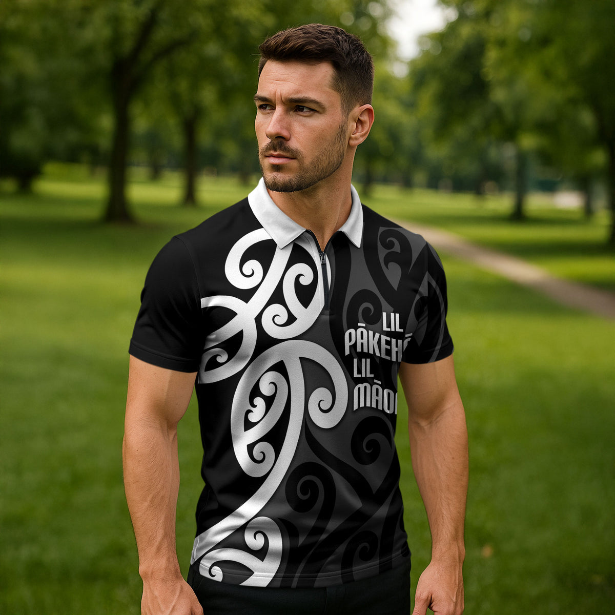 Lil Pakeha Lil Maori New Zealand Zipper Polo Shirt Kiwi Proud Mangopare Pattern LT14 - Polynesian Pride