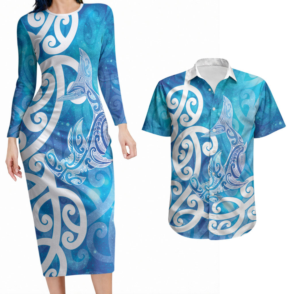 Hammerhead Shark Tattoo New Zealand Couples Matching Long Sleeve Bodycon Dress and Hawaiian Shirt Maori Galaxy Mangopare Pattern LT14 Turquoise - Polynesian Pride