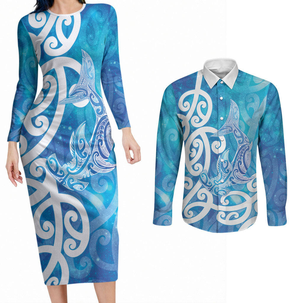 Hammerhead Shark Tattoo New Zealand Couples Matching Long Sleeve Bodycon Dress and Long Sleeve Button Shirt Maori Galaxy Mangopare Pattern LT14 Turquoise - Polynesian Pride