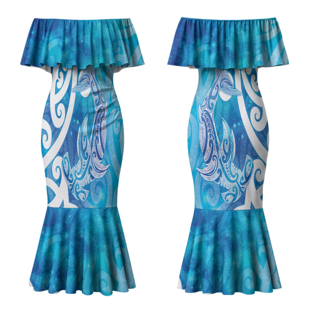 Hammerhead Shark Tattoo New Zealand Couples Matching Mermaid Dress and Hawaiian Shirt Maori Galaxy Mangopare Pattern LT14 - Polynesian Pride