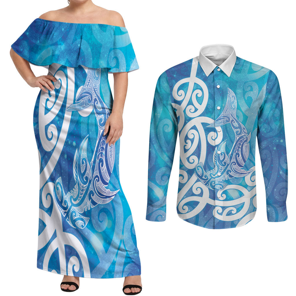Hammerhead Shark Tattoo New Zealand Couples Matching Off Shoulder Maxi Dress and Long Sleeve Button Shirt Maori Galaxy Mangopare Pattern LT14 Turquoise - Polynesian Pride