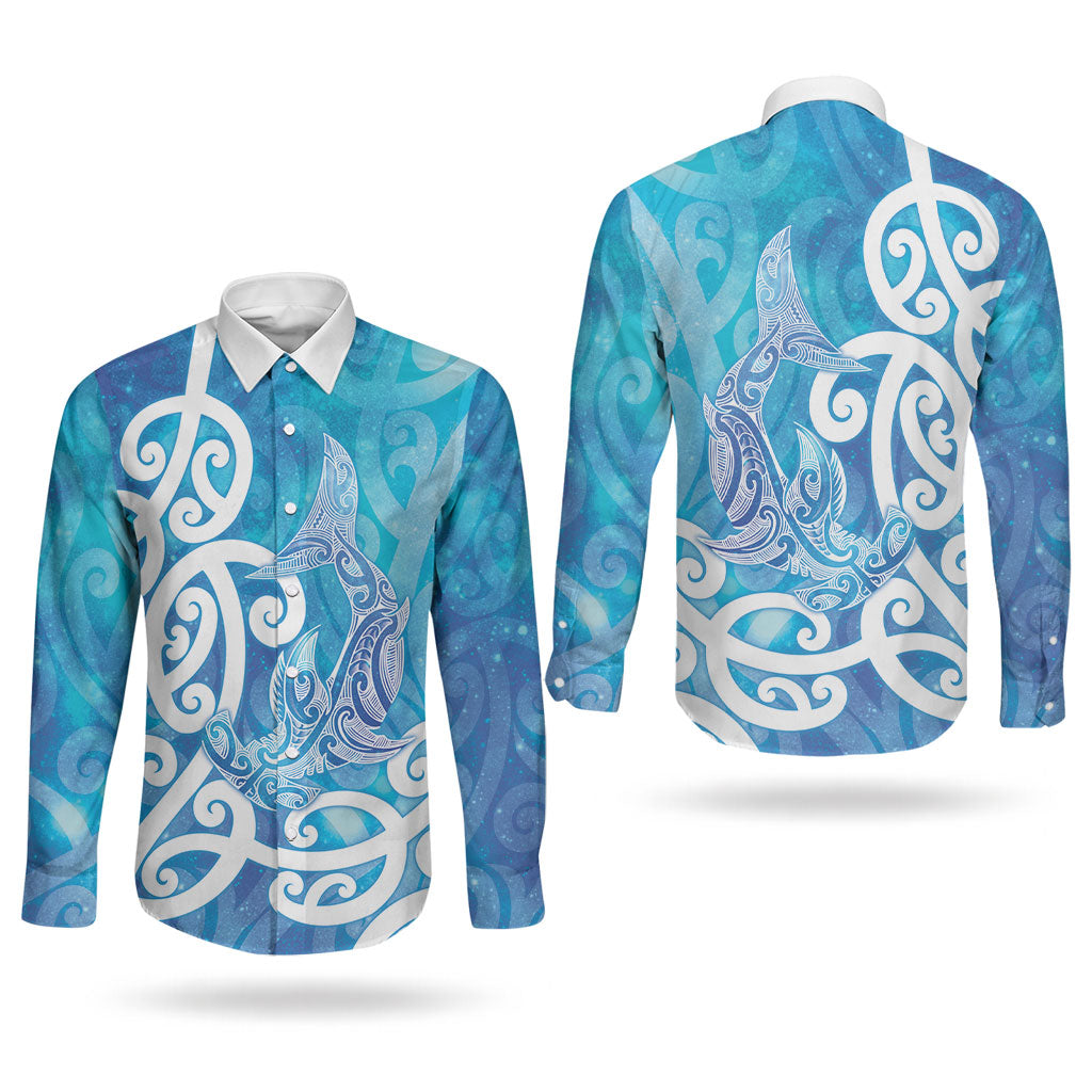 Hammerhead Shark Tattoo New Zealand Couples Matching Off Shoulder Maxi Dress and Long Sleeve Button Shirt Maori Galaxy Mangopare Pattern LT14 - Polynesian Pride