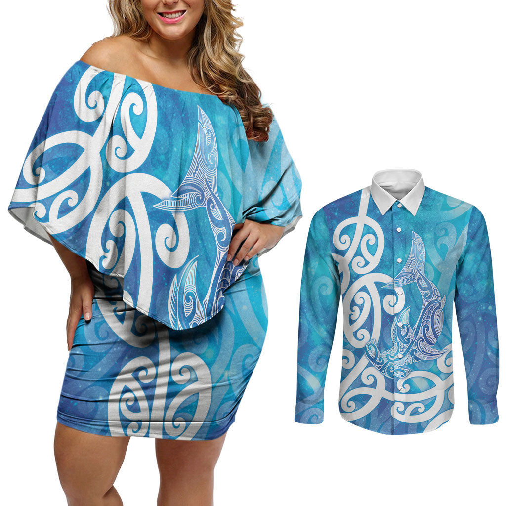 Hammerhead Shark Tattoo New Zealand Couples Matching Off Shoulder Short Dress and Long Sleeve Button Shirt Maori Galaxy Mangopare Pattern LT14 Turquoise - Polynesian Pride