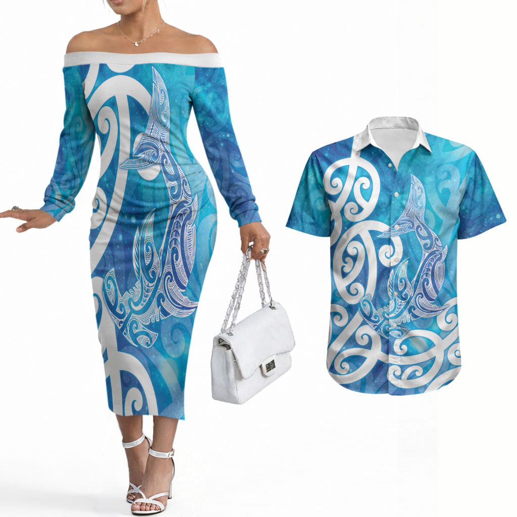 Hammerhead Shark Tattoo New Zealand Couples Matching Off The Shoulder Long Sleeve Dress and Hawaiian Shirt Maori Galaxy Mangopare Pattern LT14 Turquoise - Polynesian Pride