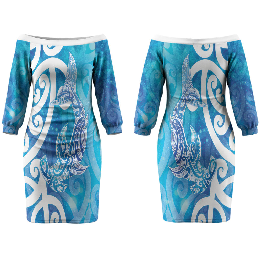 Hammerhead Shark Tattoo New Zealand Couples Matching Off The Shoulder Long Sleeve Dress and Long Sleeve Button Shirt Maori Galaxy Mangopare Pattern LT14 - Polynesian Pride