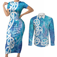 Hammerhead Shark Tattoo New Zealand Couples Matching Short Sleeve Bodycon Dress and Long Sleeve Button Shirt Maori Galaxy Mangopare Pattern LT14 Turquoise - Polynesian Pride