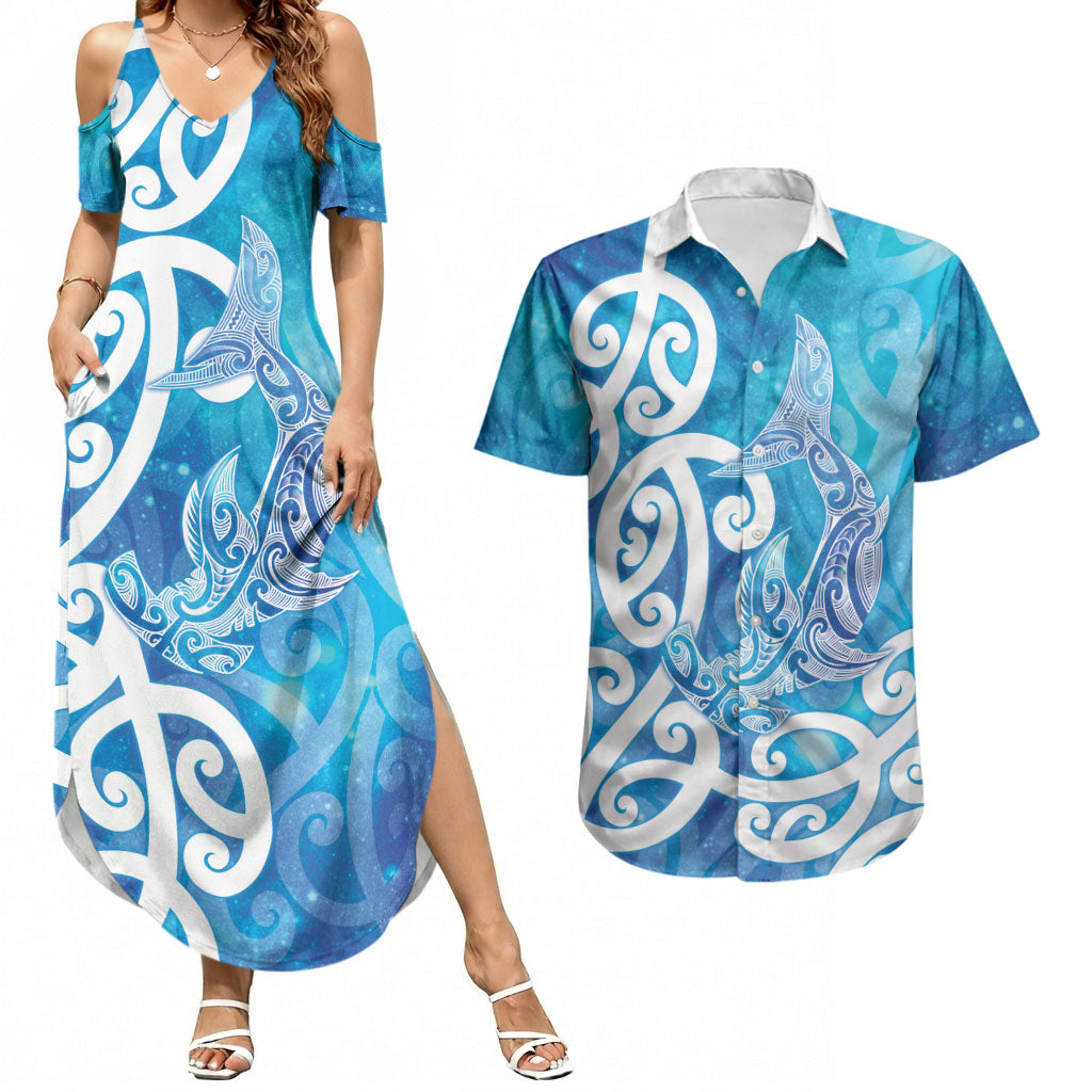 Hammerhead Shark Tattoo New Zealand Couples Matching Summer Maxi Dress and Hawaiian Shirt Maori Galaxy Mangopare Pattern LT14 Turquoise - Polynesian Pride