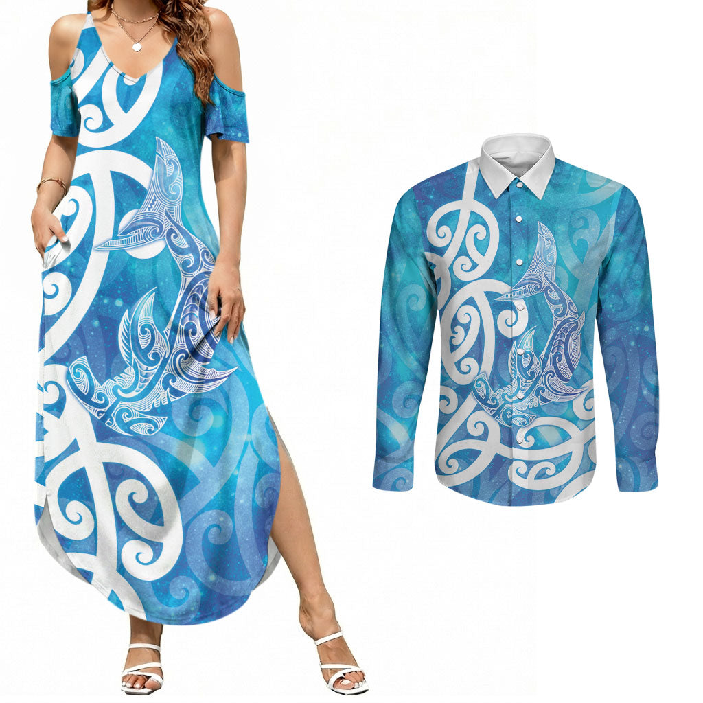 Hammerhead Shark Tattoo New Zealand Couples Matching Summer Maxi Dress and Long Sleeve Button Shirt Maori Galaxy Mangopare Pattern LT14 Turquoise - Polynesian Pride
