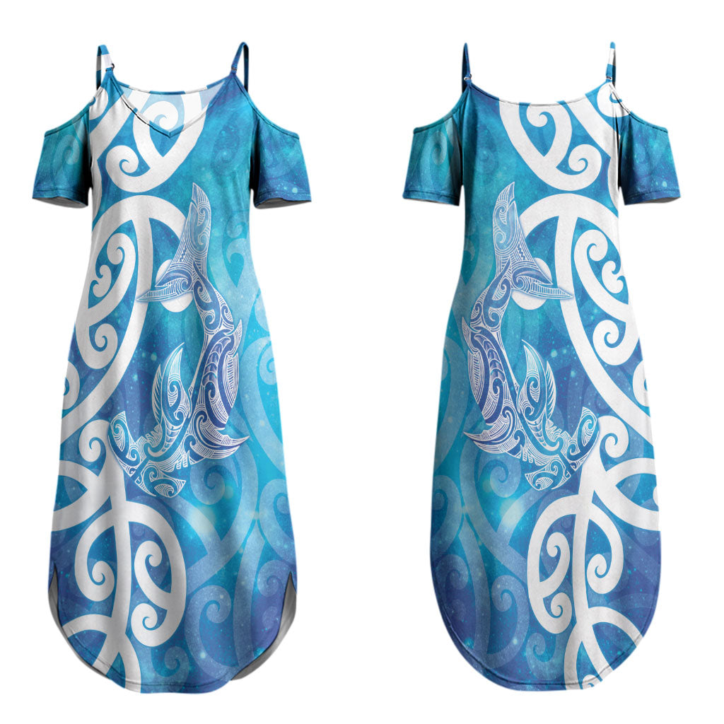 Hammerhead Shark Tattoo New Zealand Couples Matching Summer Maxi Dress and Long Sleeve Button Shirt Maori Galaxy Mangopare Pattern LT14 - Polynesian Pride