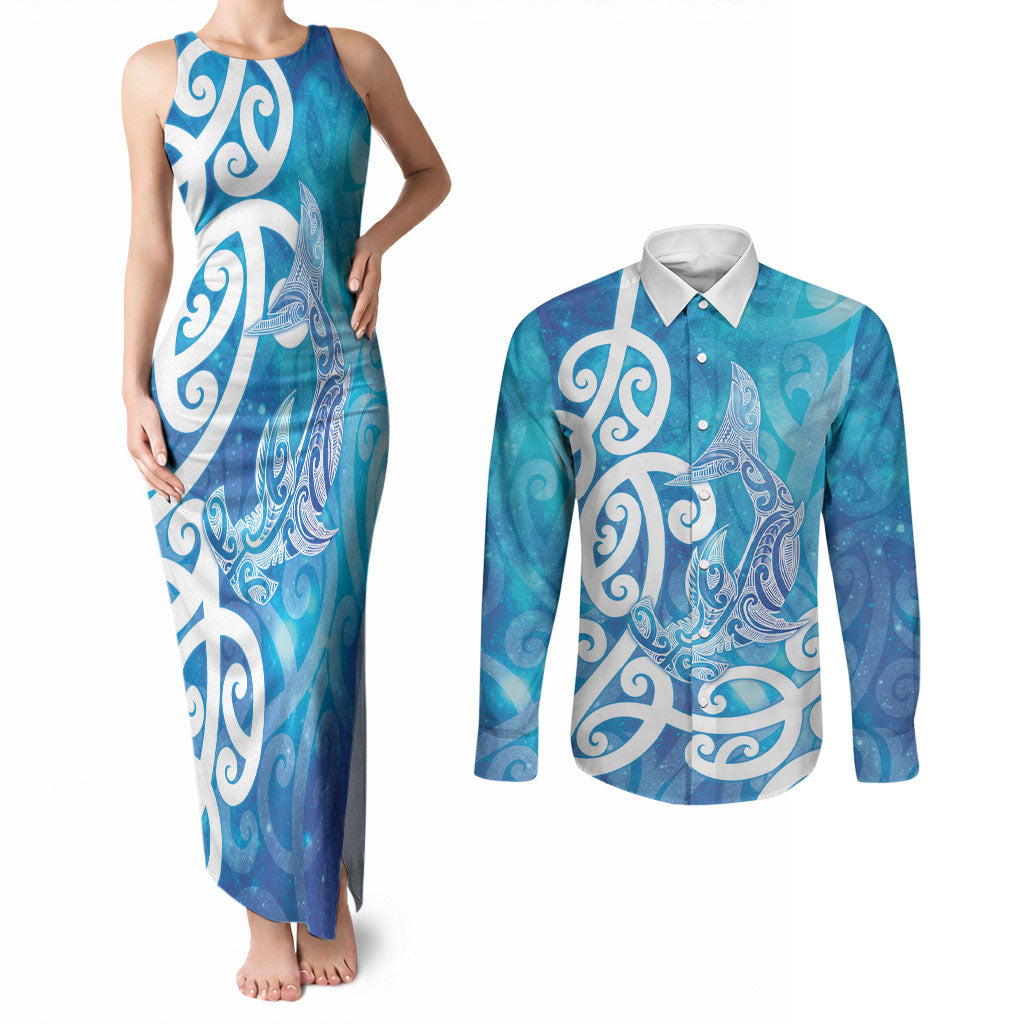 Hammerhead Shark Tattoo New Zealand Couples Matching Tank Maxi Dress and Long Sleeve Button Shirt Maori Galaxy Mangopare Pattern LT14 Turquoise - Polynesian Pride