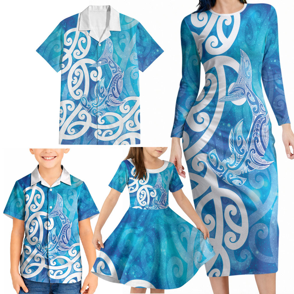 Hammerhead Shark Tattoo New Zealand Family Matching Long Sleeve Bodycon Dress and Hawaiian Shirt Maori Galaxy Mangopare Pattern LT14 - Polynesian Pride