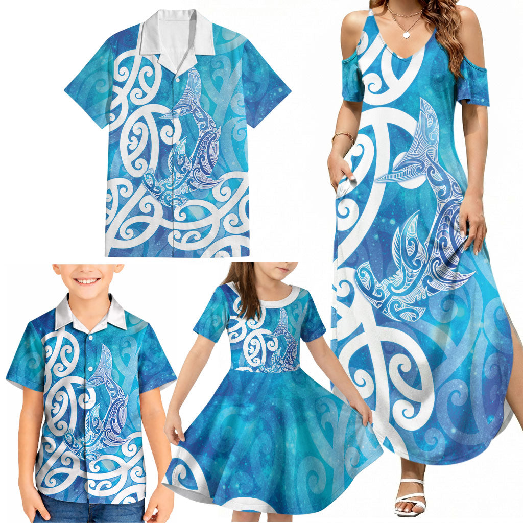Hammerhead Shark Tattoo New Zealand Family Matching Summer Maxi Dress and Hawaiian Shirt Maori Galaxy Mangopare Pattern LT14 - Polynesian Pride