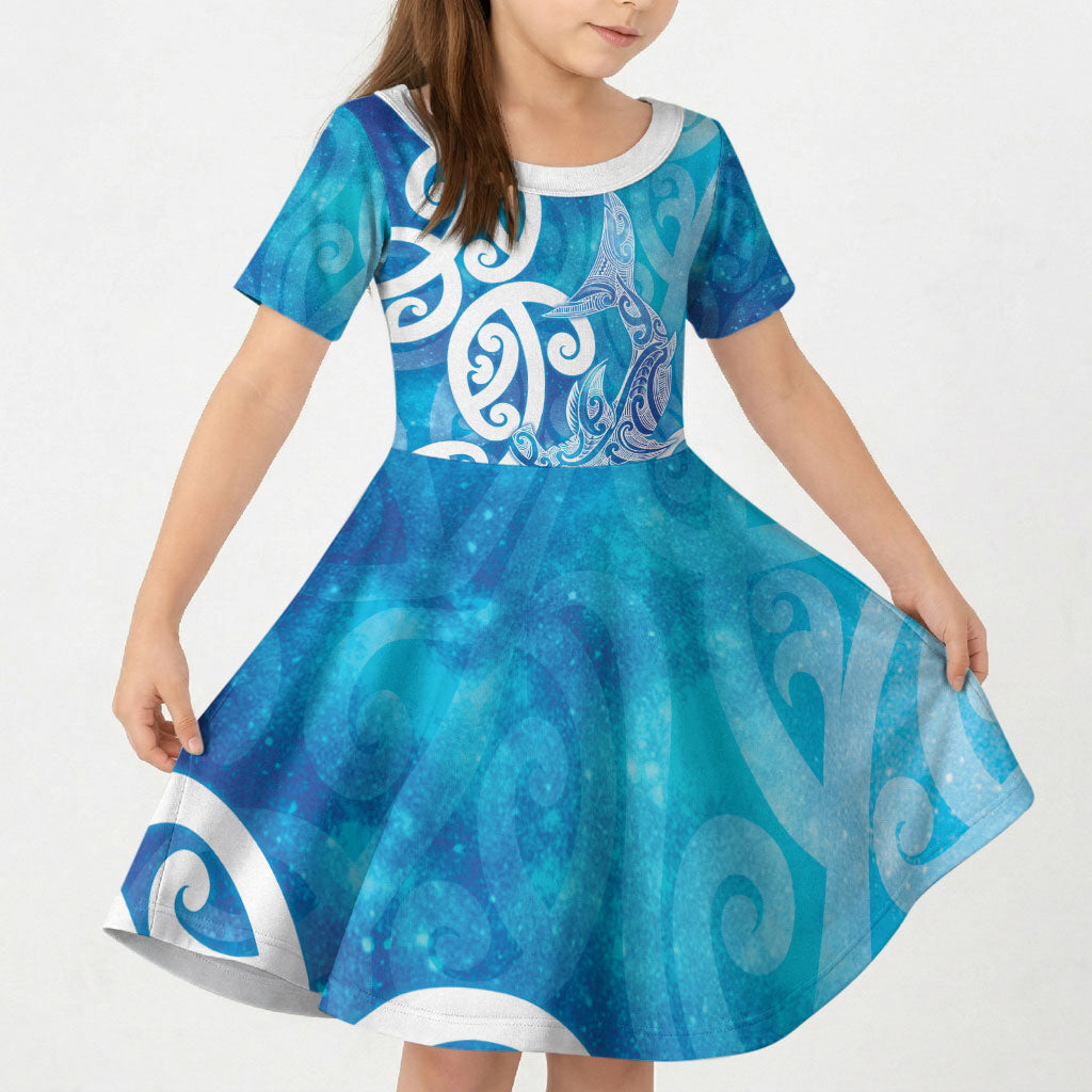 Hammerhead Shark Tattoo New Zealand Kid Short Sleeve Dress Maori Galaxy Mangopare Pattern LT14 KID Turquoise - Polynesian Pride