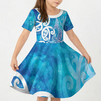 Hammerhead Shark Tattoo New Zealand Kid Short Sleeve Dress Maori Galaxy Mangopare Pattern LT14 KID Turquoise - Polynesian Pride