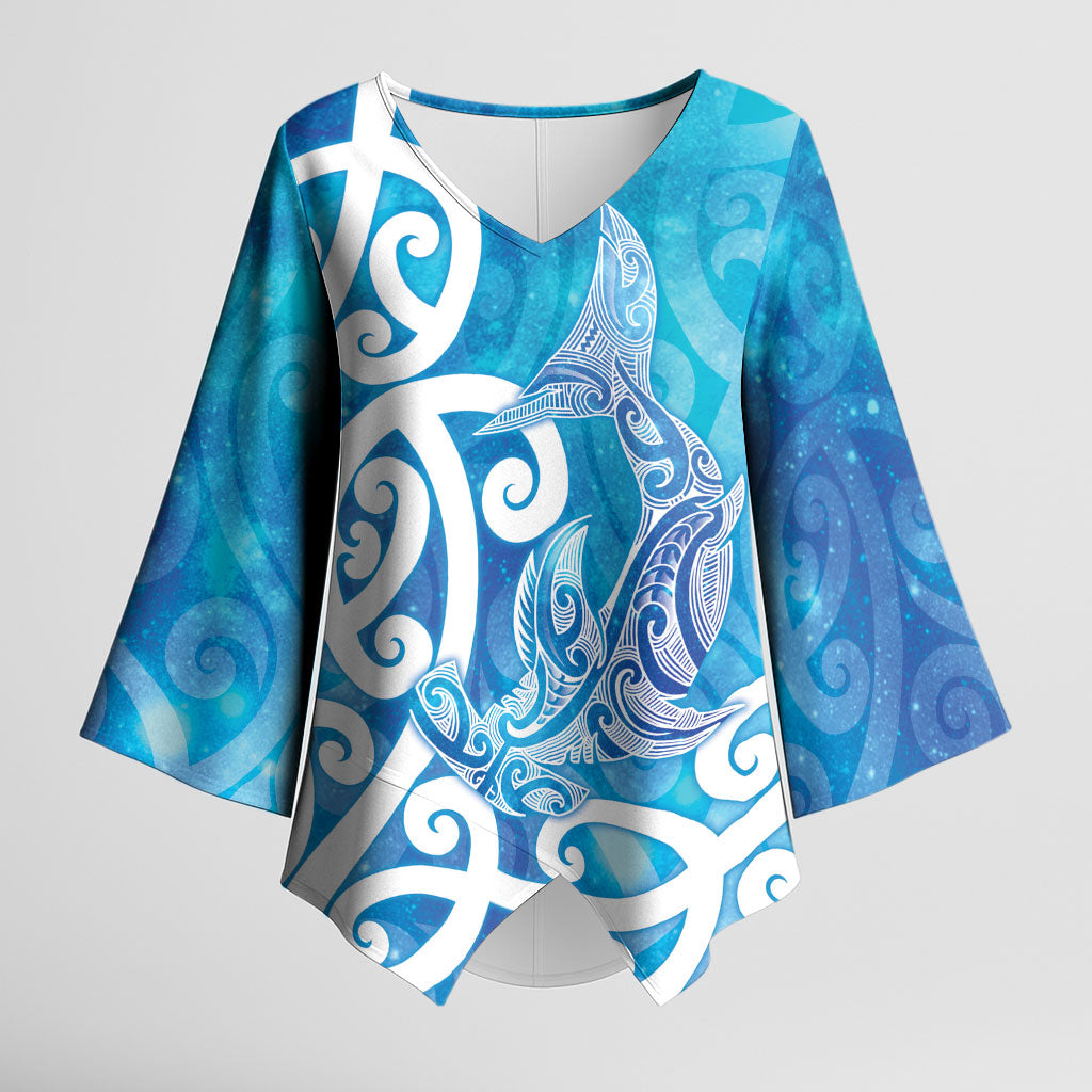 Hammerhead Shark Tattoo New Zealand Kimono Sleeve Blouse Maori Galaxy Mangopare Pattern LT14 Female Turquoise - Polynesian Pride