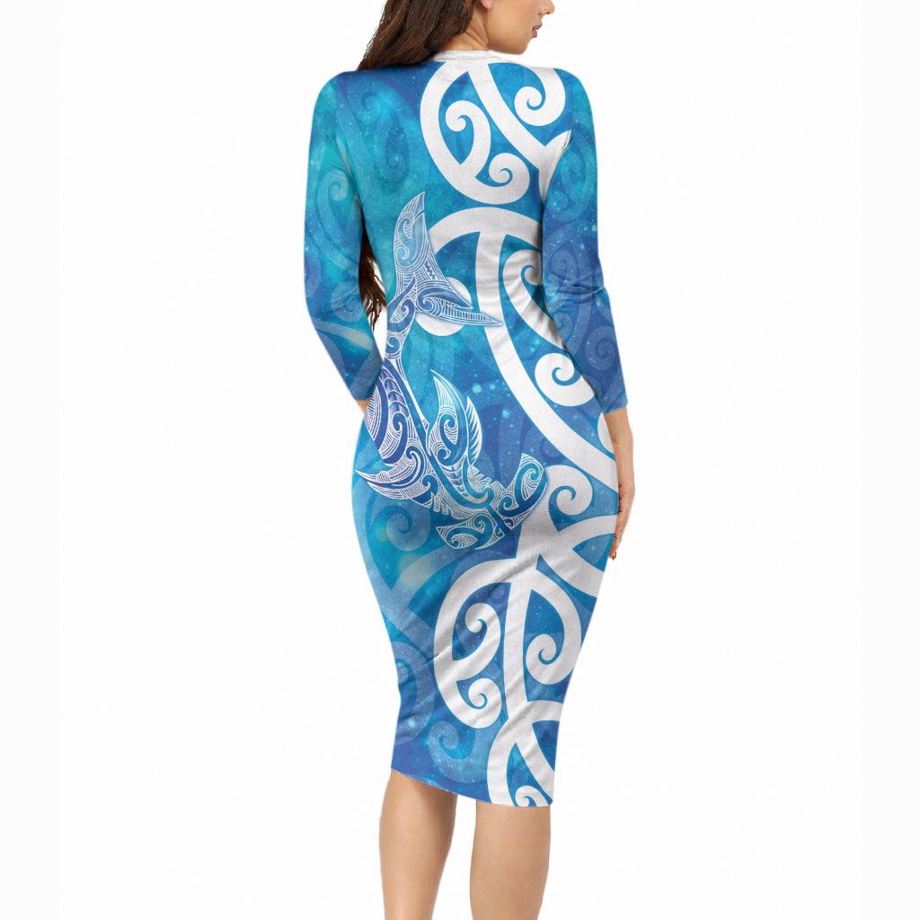 Hammerhead Shark Tattoo New Zealand Long Sleeve Bodycon Dress Maori Galaxy Mangopare Pattern LT14 - Polynesian Pride