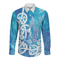 Hammerhead Shark Tattoo New Zealand Long Sleeve Button Shirt Maori Galaxy Mangopare Pattern LT14 Unisex Turquoise - Polynesian Pride
