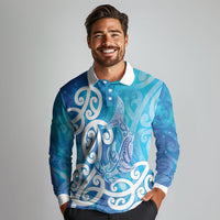 Hammerhead Shark Tattoo New Zealand Long Sleeve Polo Shirt Maori Galaxy Mangopare Pattern LT14 - Polynesian Pride