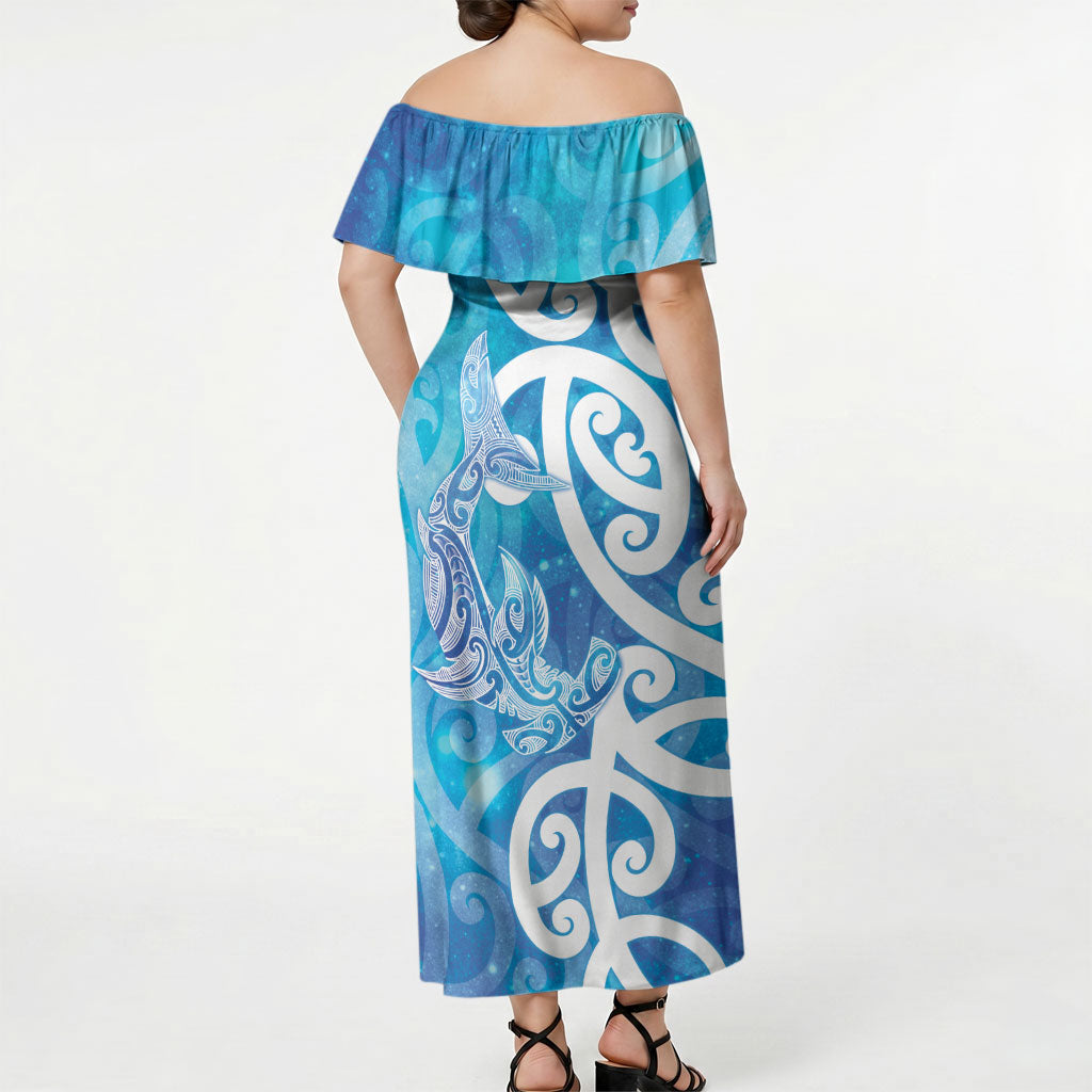 Hammerhead Shark Tattoo New Zealand Off Shoulder Maxi Dress Maori Galaxy Mangopare Pattern LT14 - Polynesian Pride