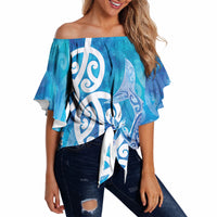 Hammerhead Shark Tattoo New Zealand Off Shoulder Wrap Waist Top Maori Galaxy Mangopare Pattern LT14 Turquoise - Polynesian Pride