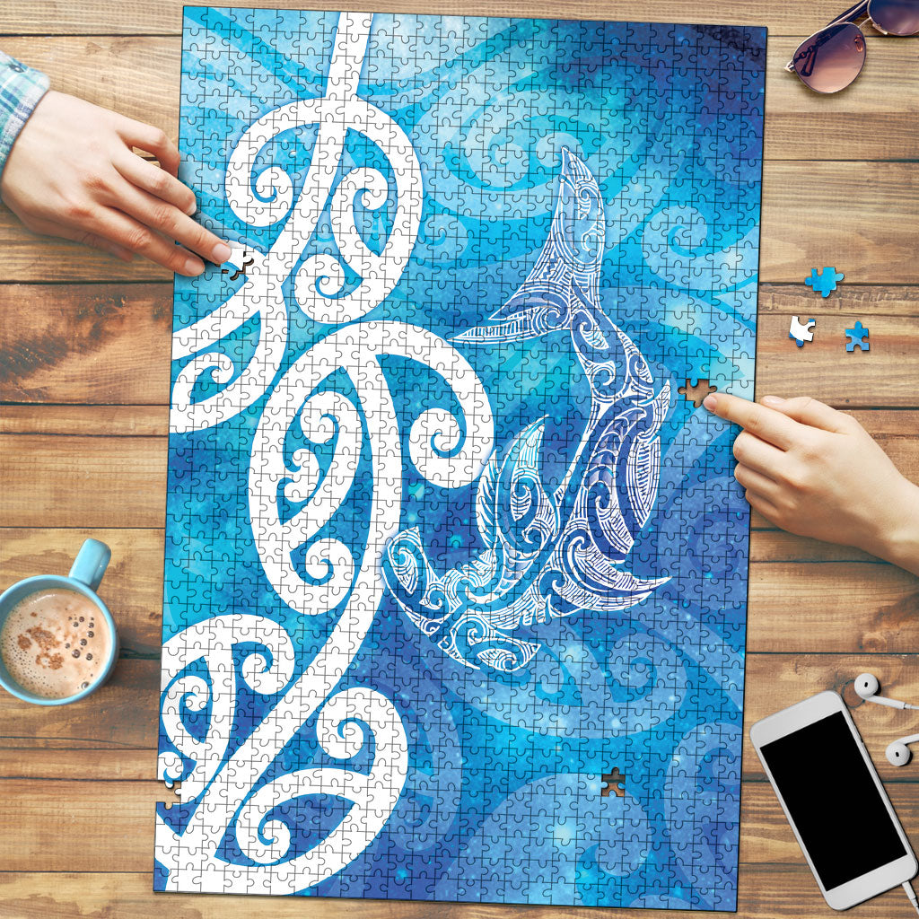 Hammerhead Shark Tattoo New Zealand Puzzle Maori Galaxy Mangopare Pattern LT14 Turquoise - Polynesian Pride