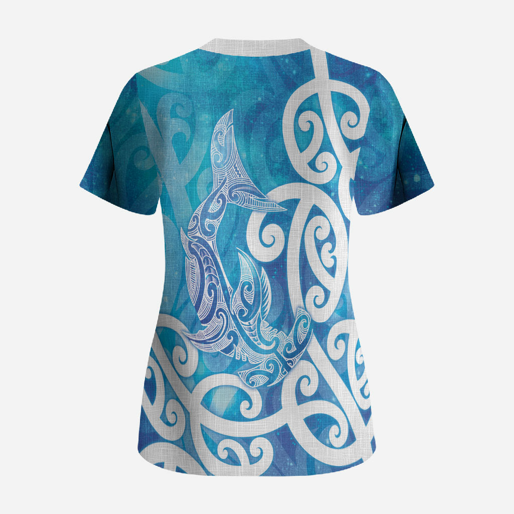 Hammerhead Shark Tattoo New Zealand Scrub Top Maori Galaxy Mangopare Pattern LT14 - Polynesian Pride