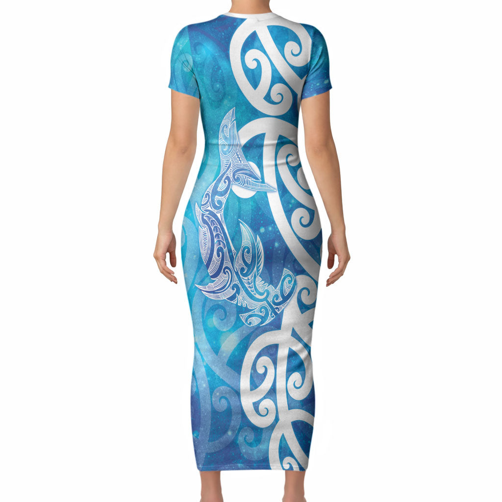 Hammerhead Shark Tattoo New Zealand Short Sleeve Bodycon Dress Maori Galaxy Mangopare Pattern LT14 - Polynesian Pride
