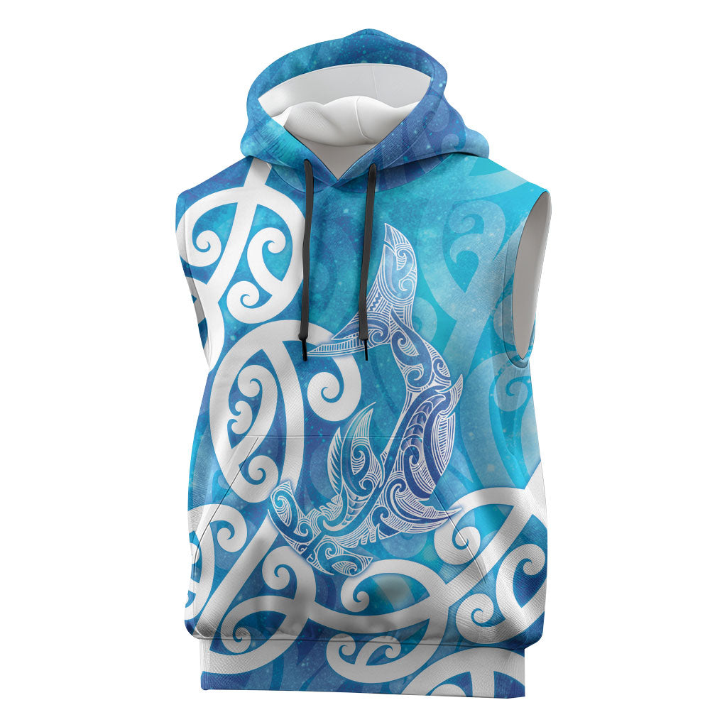 Hammerhead Shark Tattoo New Zealand Sleeveless Hoodie Maori Galaxy Mangopare Pattern LT14 Turquoise - Polynesian Pride