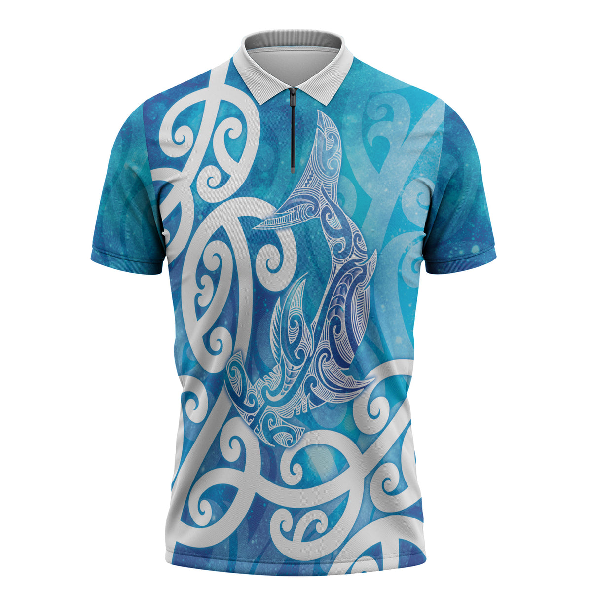 Hammerhead Shark Tattoo New Zealand Zipper Polo Shirt Maori Galaxy Mangopare Pattern LT14 Turquoise - Polynesian Pride