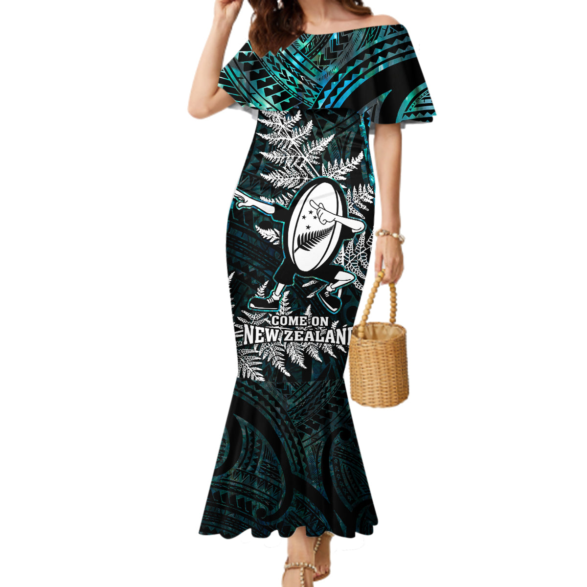 New Zealand Silver Fern Rugby Family Matching Mermaid Dress and Hawaiian Shirt Aotearoa All Black Dabbing Ball With Maori Paua Shell LT14 Mom's Dress Turquoise - Polynesian Pride