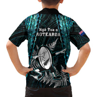 New Zealand Silver Fern Rugby Family Matching Off Shoulder Maxi Dress and Hawaiian Shirt Aotearoa All Black Dabbing Ball With Maori Paua Shell LT14 - Polynesian Pride