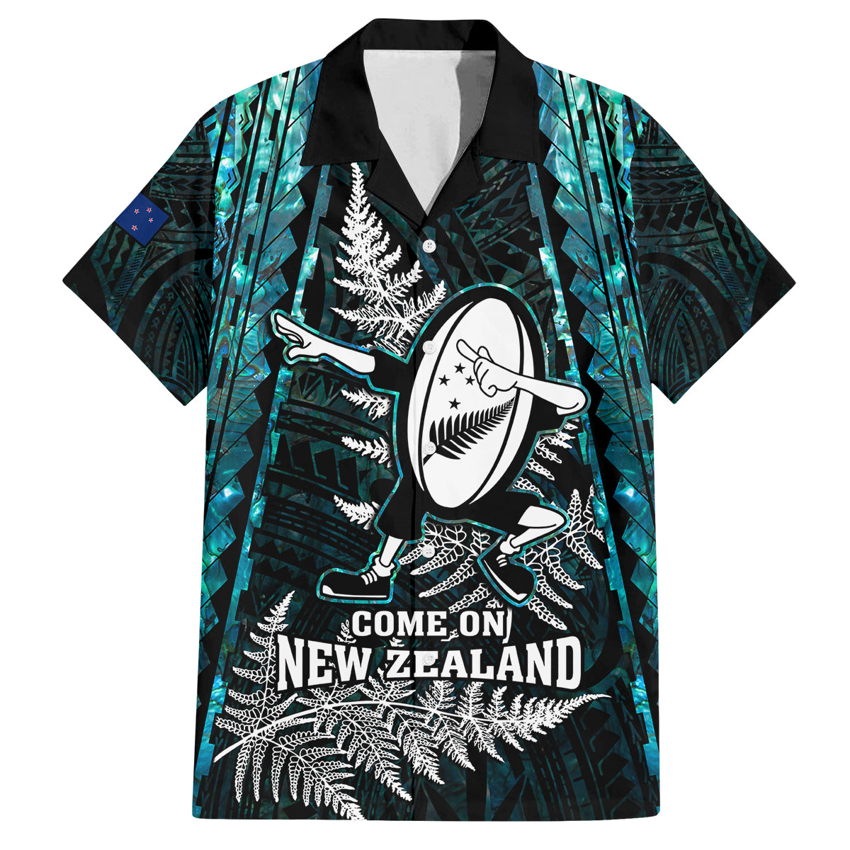 New Zealand Silver Fern Rugby Family Matching Off Shoulder Maxi Dress and Hawaiian Shirt Aotearoa All Black Dabbing Ball With Maori Paua Shell LT14 Dad's Shirt - Short Sleeve Turquoise - Polynesian Pride