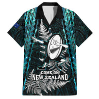 New Zealand Silver Fern Rugby Family Matching Off Shoulder Short Dress and Hawaiian Shirt Aotearoa All Black Dabbing Ball With Maori Paua Shell LT14 Dad's Shirt - Short Sleeve Turquoise - Polynesian Pride