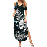 New Zealand Silver Fern Rugby Family Matching Summer Maxi Dress and Hawaiian Shirt Aotearoa All Black Dabbing Ball With Maori Paua Shell LT14 Mom's Dress Turquoise - Polynesian Pride
