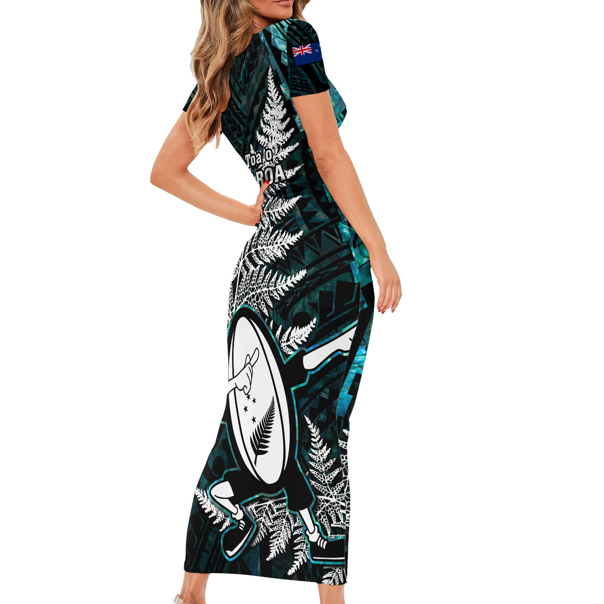 New Zealand Silver Fern Rugby Short Sleeve Bodycon Dress Aotearoa All Black Dabbing Ball With Maori Paua Shell LT14 - Polynesian Pride