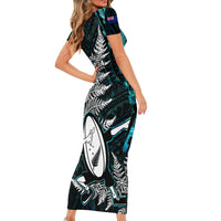 New Zealand Silver Fern Rugby Short Sleeve Bodycon Dress Aotearoa All Black Dabbing Ball With Maori Paua Shell LT14 - Polynesian Pride