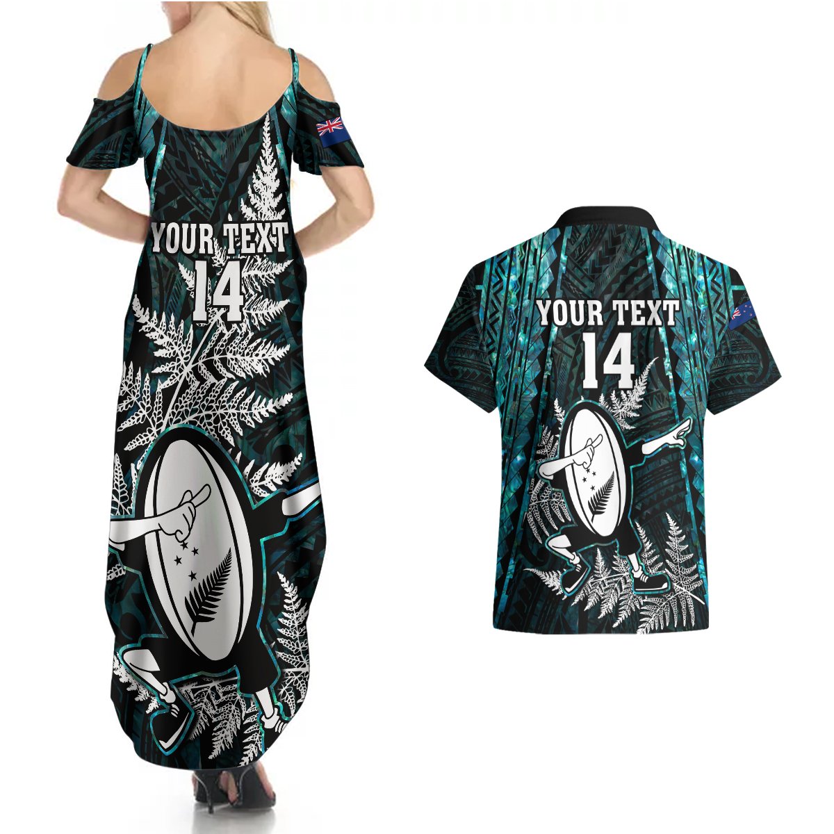 Custom New Zealand Silver Fern Rugby Couples Matching Summer Maxi Dress and Hawaiian Shirt Aotearoa All Black Dabbing Ball With Maori Paua Shell LT14 - Polynesian Pride