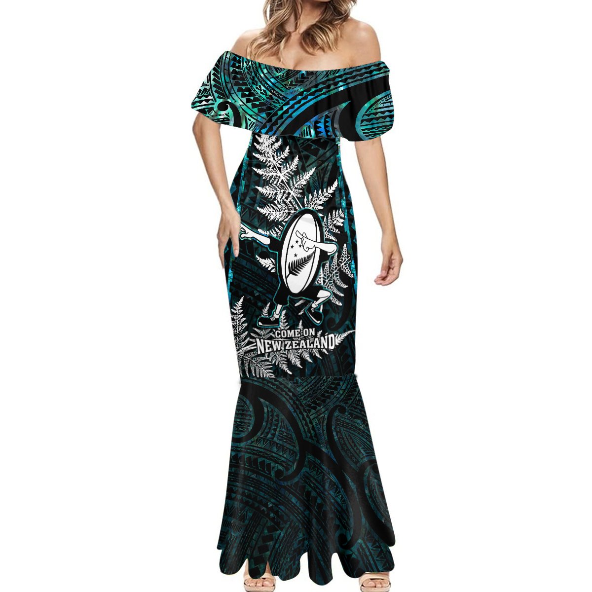 Custom New Zealand Silver Fern Rugby Mermaid Dress Aotearoa All Black Dabbing Ball With Maori Paua Shell LT14 - Polynesian Pride