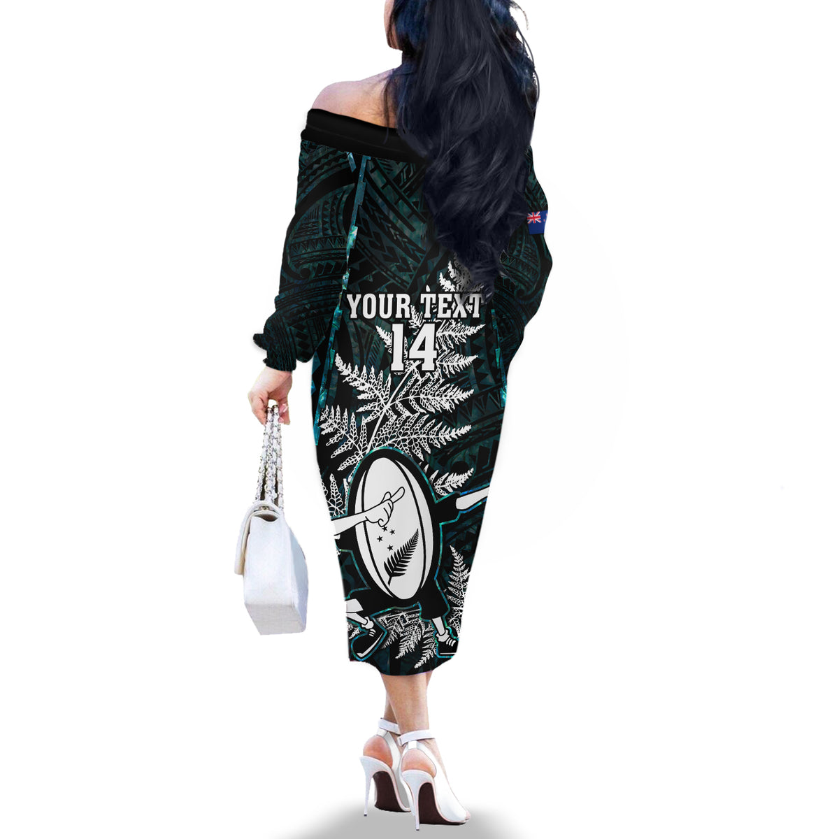 Custom New Zealand Silver Fern Rugby Off The Shoulder Long Sleeve Dress Aotearoa All Black Dabbing Ball With Maori Paua Shell LT14 - Polynesian Pride