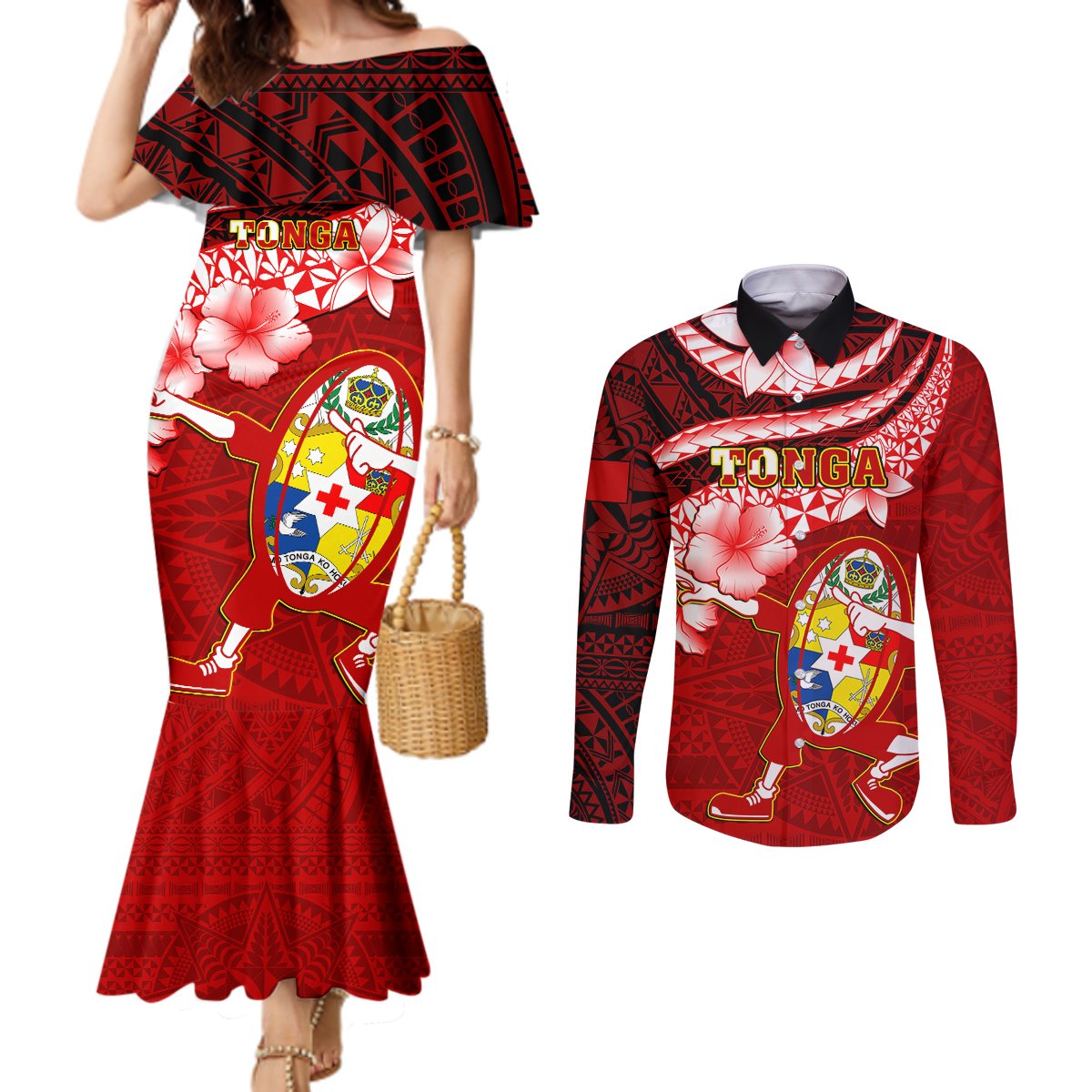 Tonga Rugby Couples Matching Mermaid Dress and Long Sleeve Button Shirts Ikale Tahi Tongan Ngatu Pattern With Dabbing Ball LT14 Red - Polynesian Pride