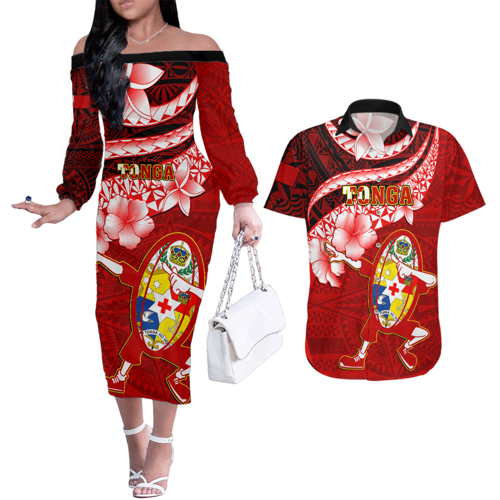 Tonga Rugby Couples Matching Off The Shoulder Long Sleeve Dress and Hawaiian Shirt Ikale Tahi Tongan Ngatu Pattern With Dabbing Ball LT14 Red - Polynesian Pride