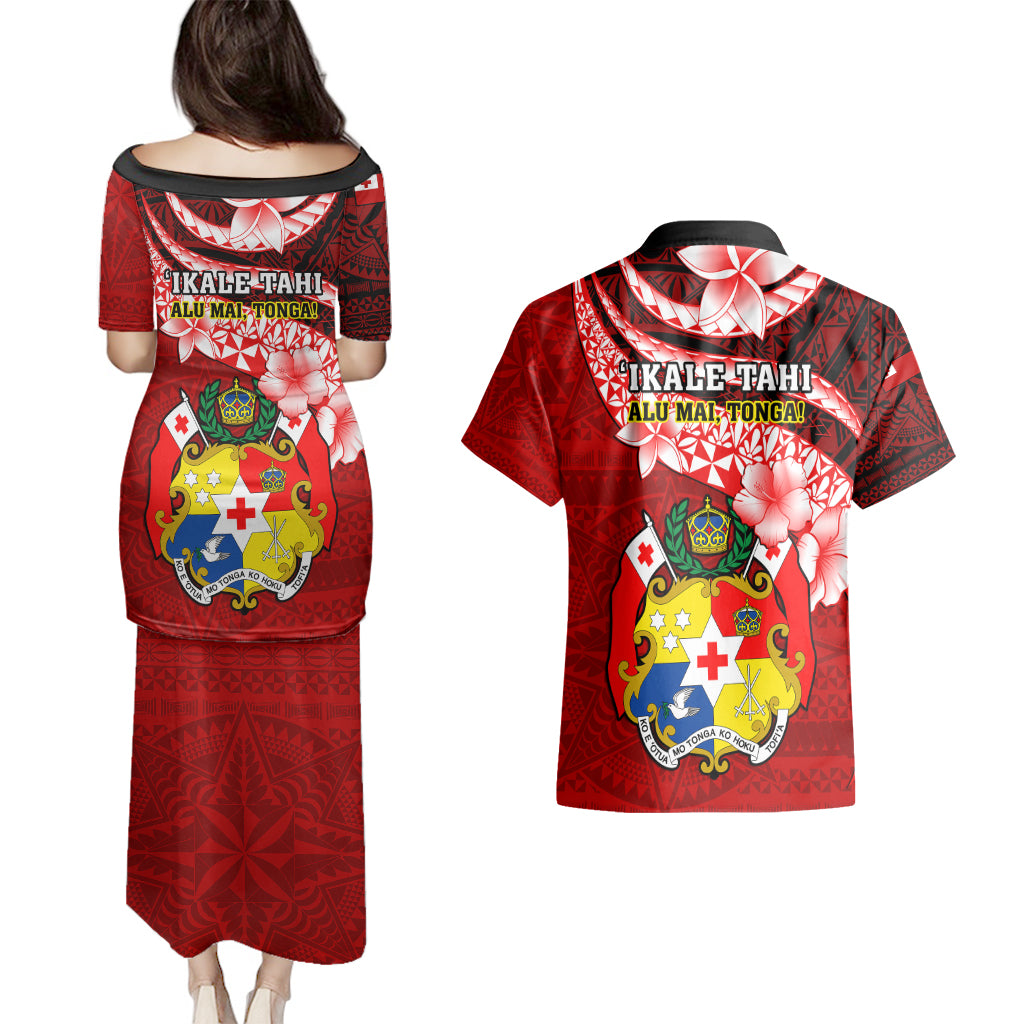 Tonga Rugby Couples Matching Puletasi Dress and Hawaiian Shirt Ikale Tahi Tongan Ngatu Pattern With Dabbing Ball LT14 - Polynesian Pride